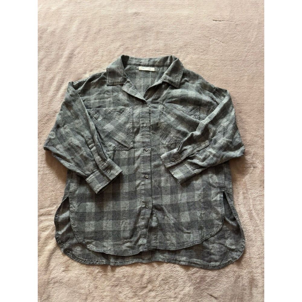 Mustard Seed Top‎ Shirt Plaid Pull On Sleeve V Neck Hi Low Hem Boho Sz S